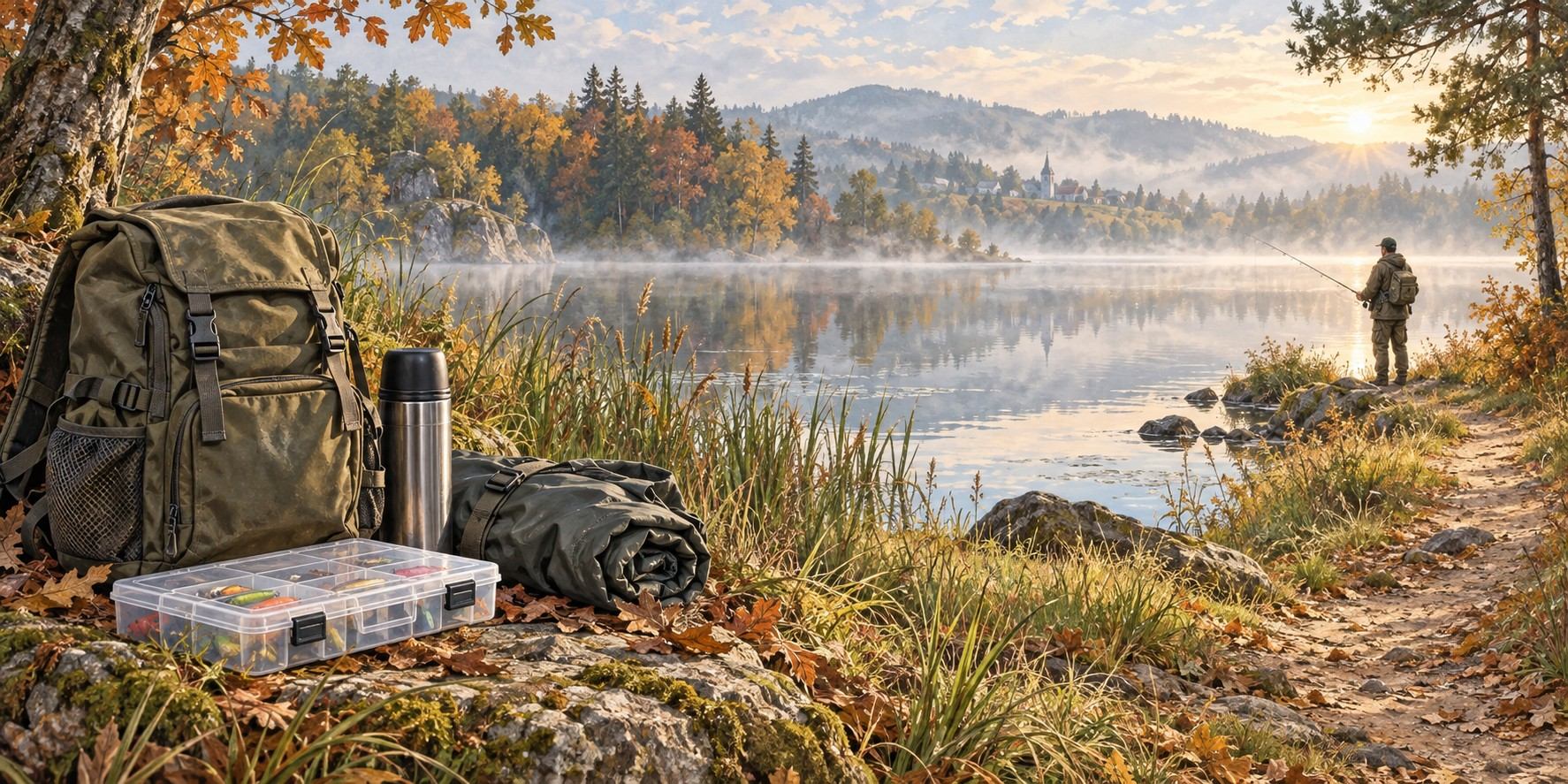 Podzimní jezero s připraveným batohem, krabičkou a termoskou na břehu