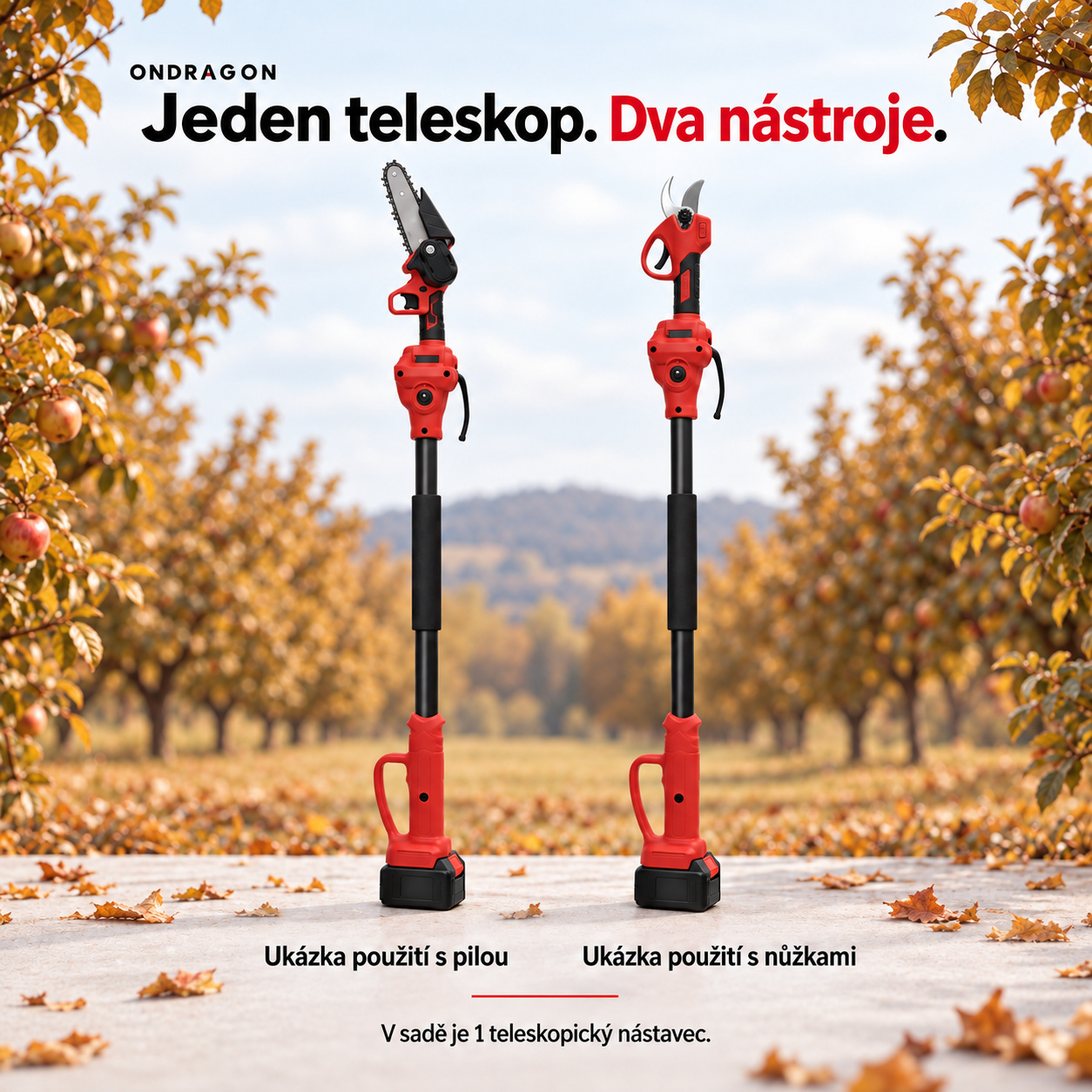 Jeden teleskopický nástavec s pilou nebo nůžkami