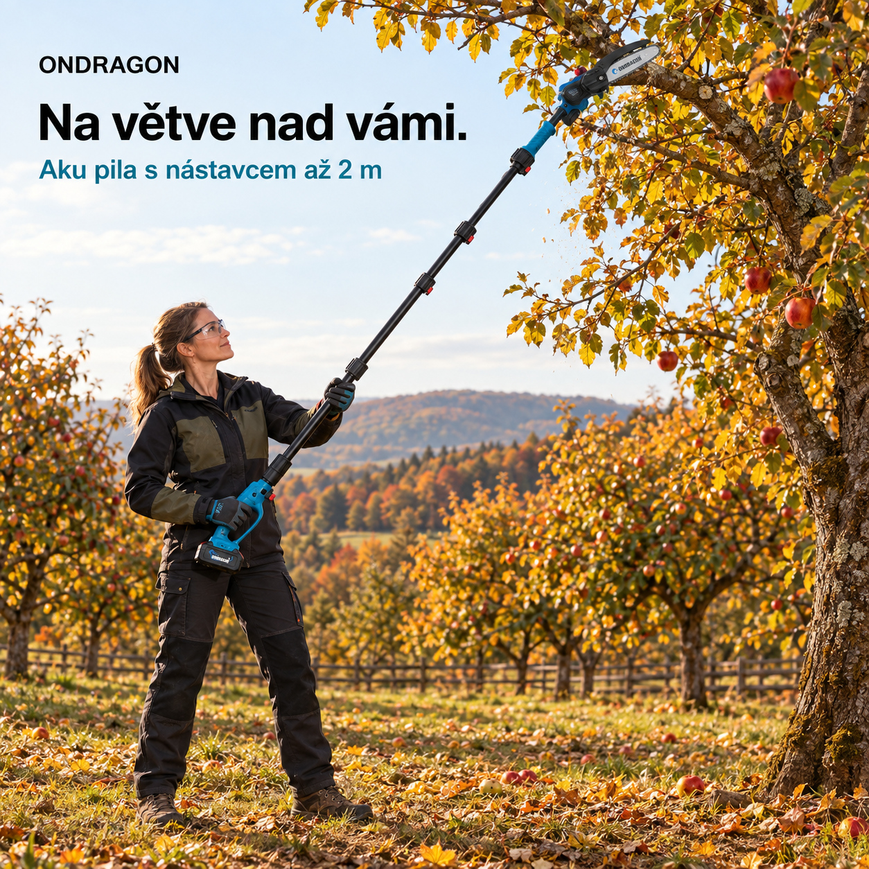 Žena při práci s aku pilou ONDRAGON na dlouhém nástavci v podzimním sadu