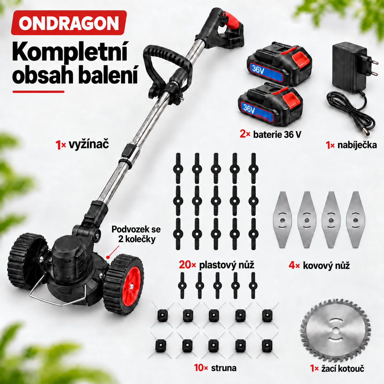 Obsah sady: stroj, podvozek, dvě baterie, nabíječka a řezné příslušenství