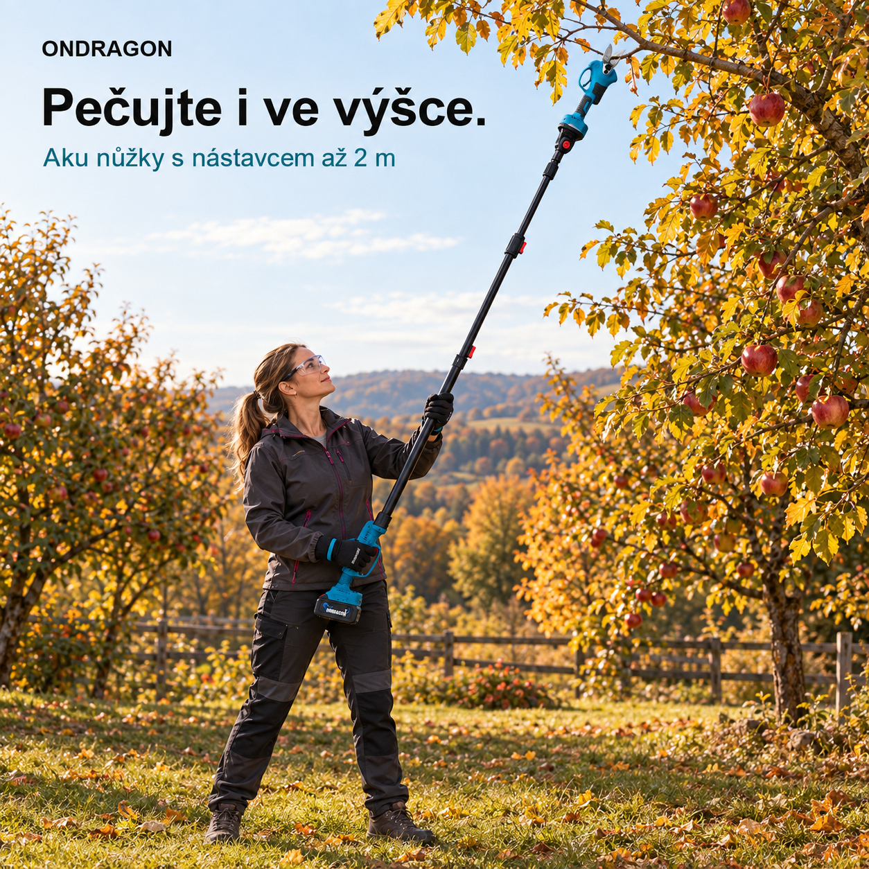 Žena stříhá větev aku nůžkami ONDRAGON na nástavci