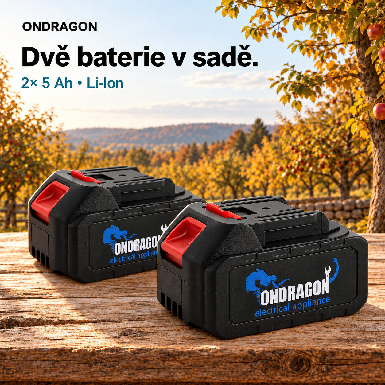 Dva černé Li-Ion akumulátory ONDRAGON s červenými uvolňovacími tlačítky