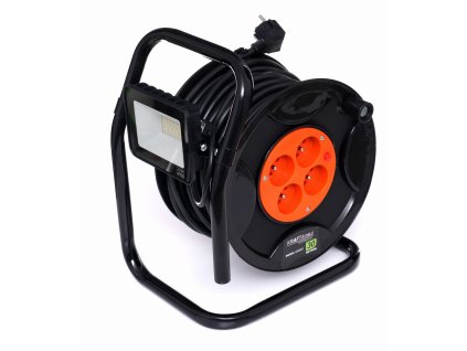 Bubnový prodlužovací kabel 30 m s LED reflektorem 20 W , 3×2,5 mm², 4 zásuvky, kovový buben