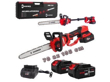 Akumulátorová teleskopická pila HAMMER 48 V (2× 5 Ah), lišta 12″, kufr + příslušenství