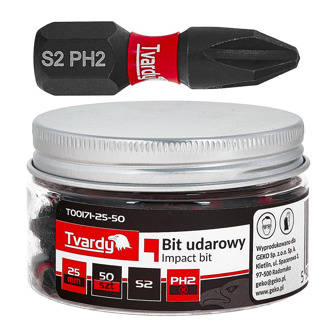 Příklepový bit PH2 25 mm S2 GEKO – celkový pohled na sklenici se 50 kusy