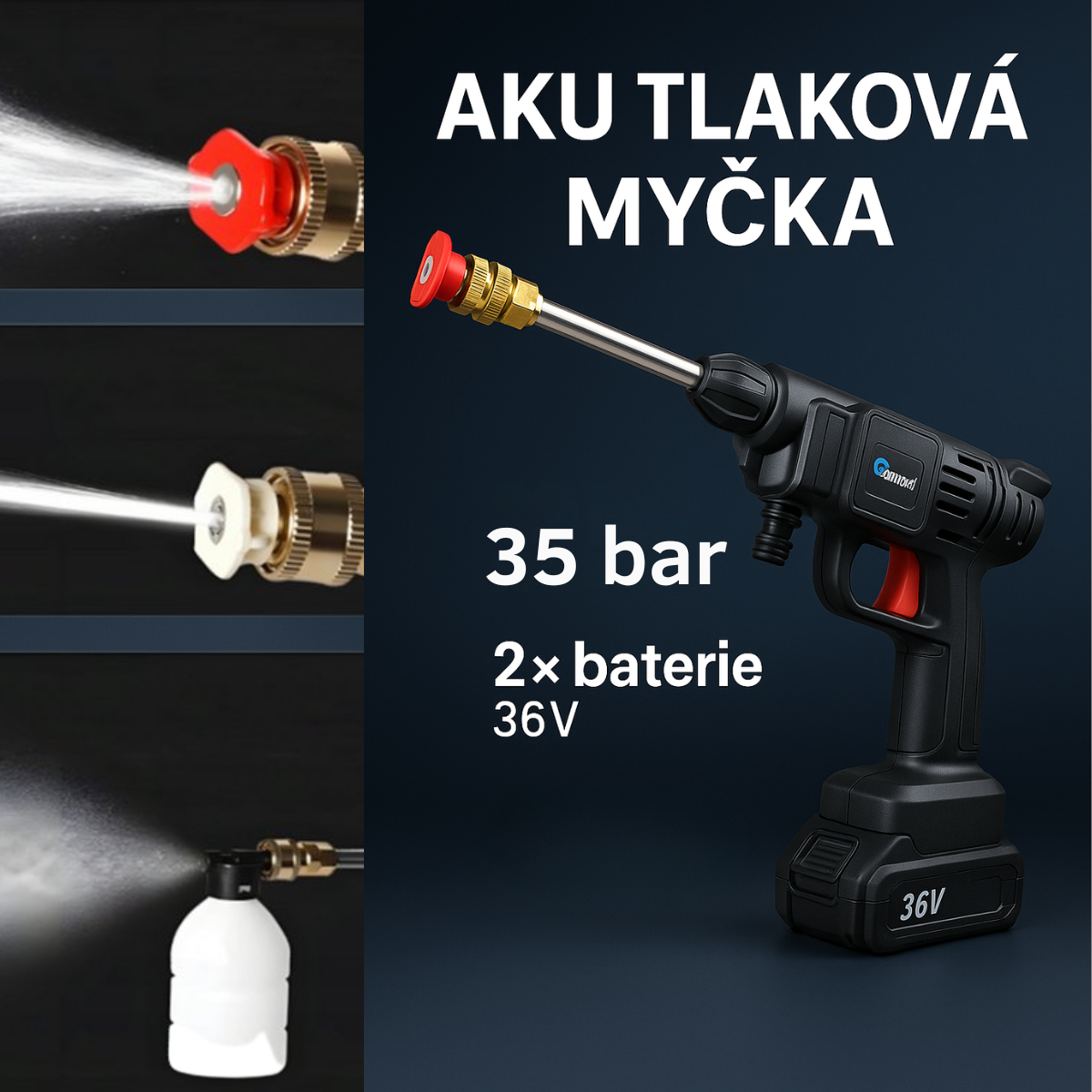 Akumulátorová tlaková myčka 35 bar 36V — celkový pohled na sadu