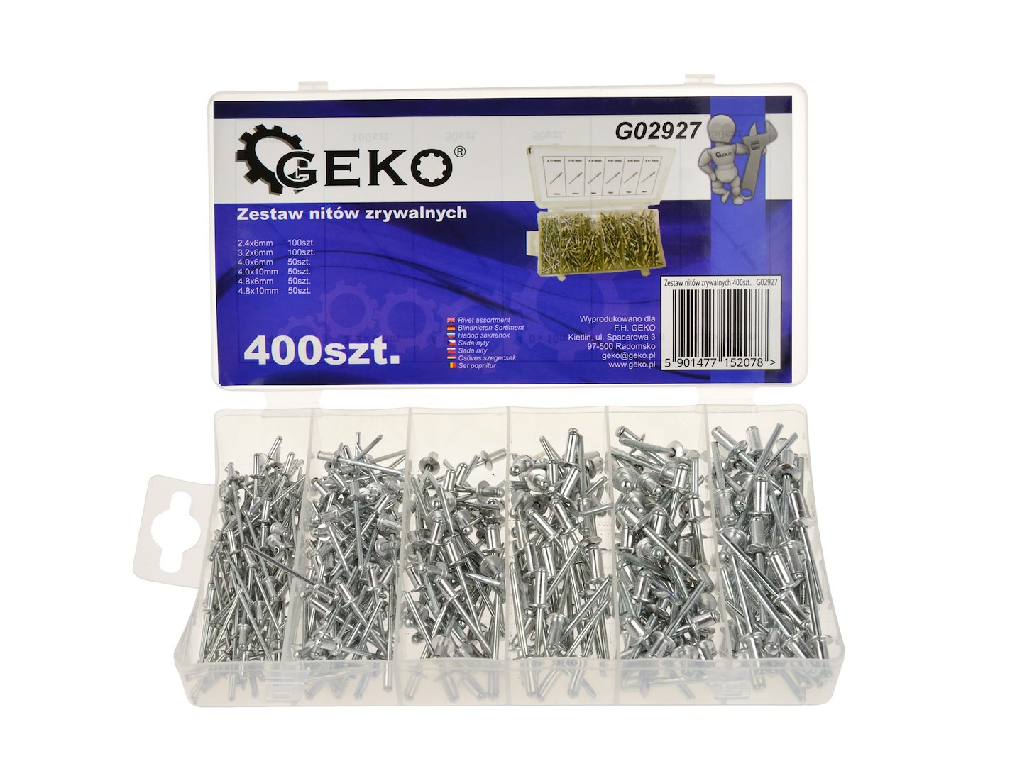 Sada 400 ks trhacích nýtů Geko – celkový pohled na kazetu