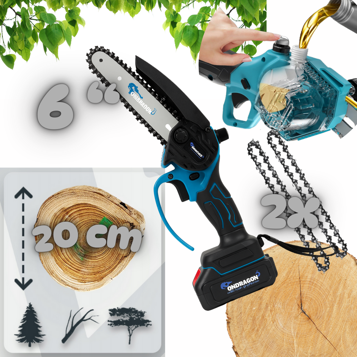 Mini řetězová pila ONDRAGON 6 palců – detail lišty a řetězu