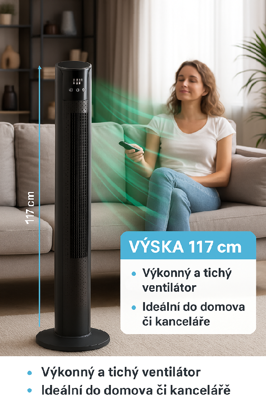 Sloupový ventilátor ONDRAGON 117 cm – celkový pohled