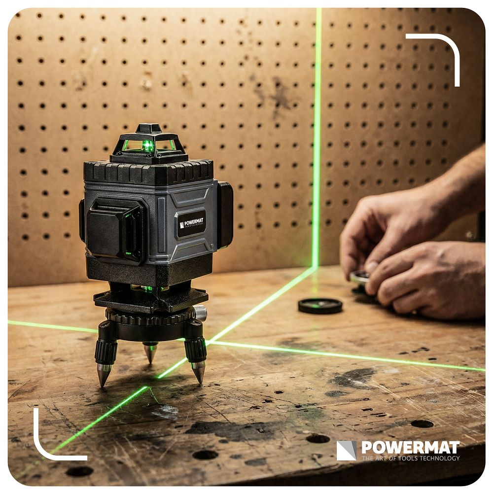 Křížový laserový nivelátor POWERMAT PM-PLK-4DM1 – 16 linií 360° se zeleným laserem