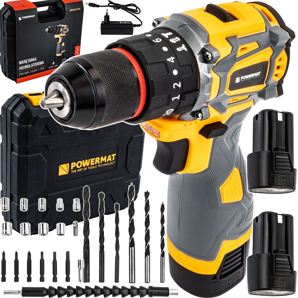Aku vrtačka / šroubovák s příklepem Powermat PM-WA-16.8V-1.5M, 40 Nm, 2× 1,5 Ah, kufr + příslušenství