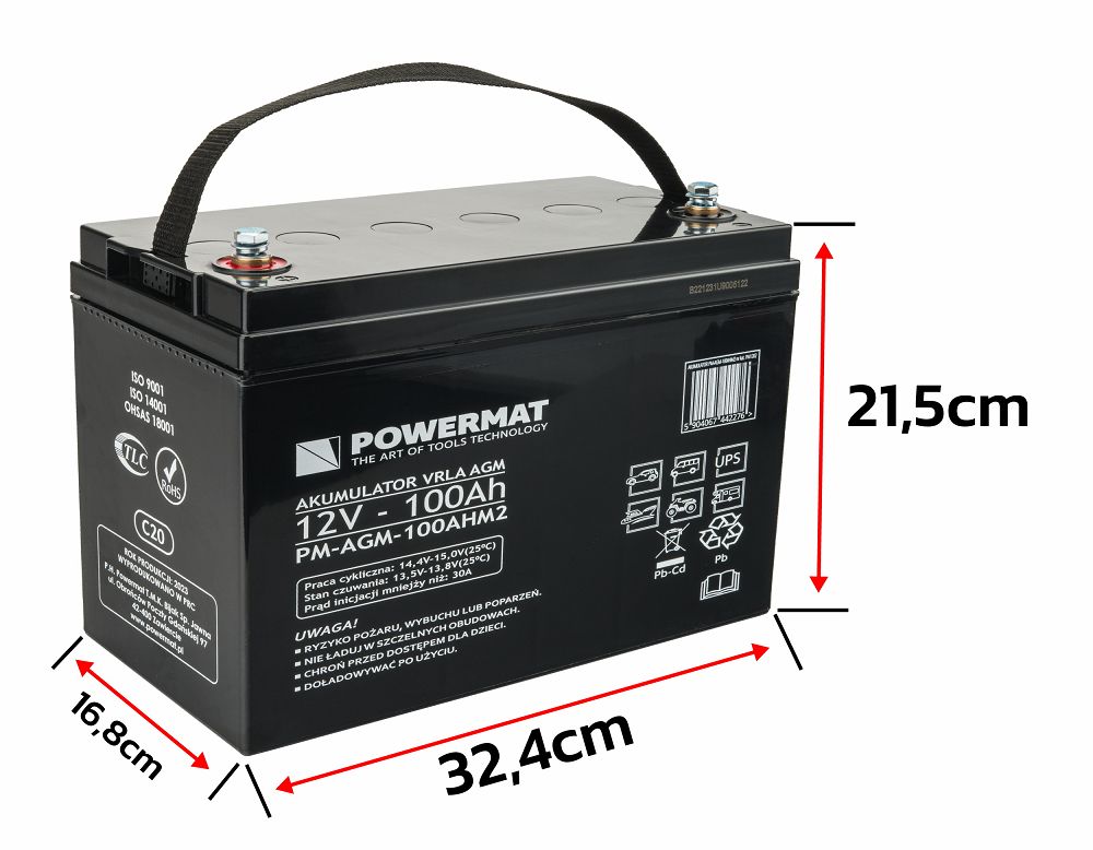 Akumulátor Powermat PM-AGM-100AHM2 — technické rozměry
