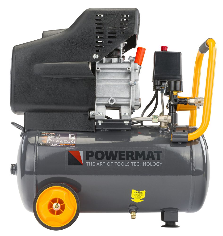 Olejový kompresor Powermat PM-KO-24T – detail vzdušníku a motoru