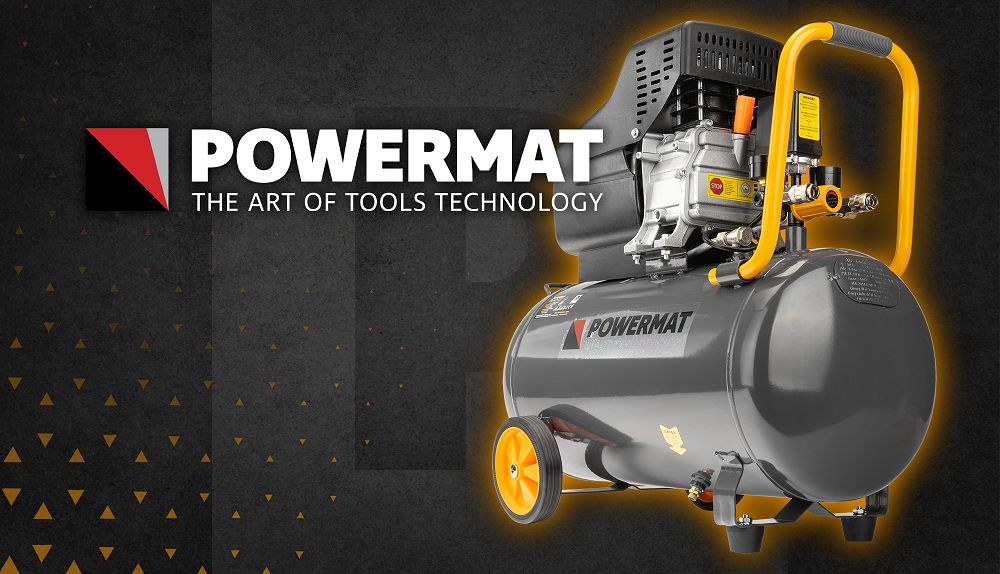 Olejový kompresor Powermat PM-KO-50T – detail vzdušníku a manometru