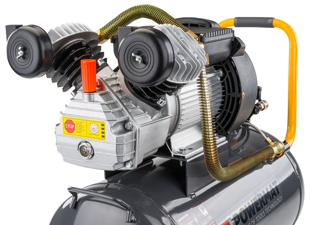 Olejový kompresor Powermat PM-KO-50T-V2 – detail kompresoru a vzdušníku