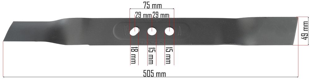 Nůž do benzínové sekačky Powermat RTKSS0096-NO — detail středových otvorů a rozměry