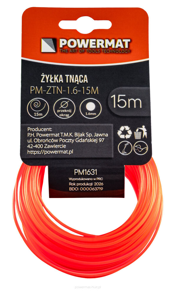 Řezací struna Powermat PM1631 – celkový pohled na cívku struny 1,6 mm / 15 m