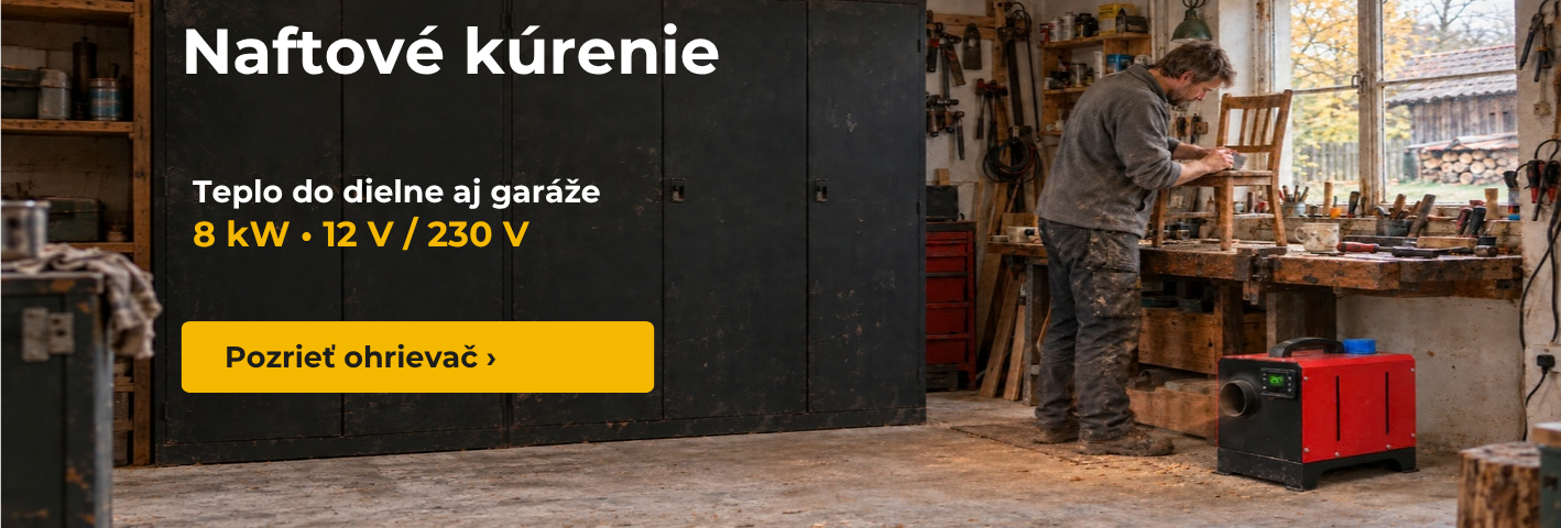 Naftové kúrenie 8 kW s napájaním 12 V / 230 V do dielne aj garáže