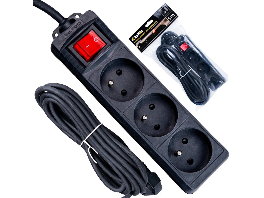66354 prodluzovaci kabel cerna zasuvkova lista 3 zasuvky 5 m 40