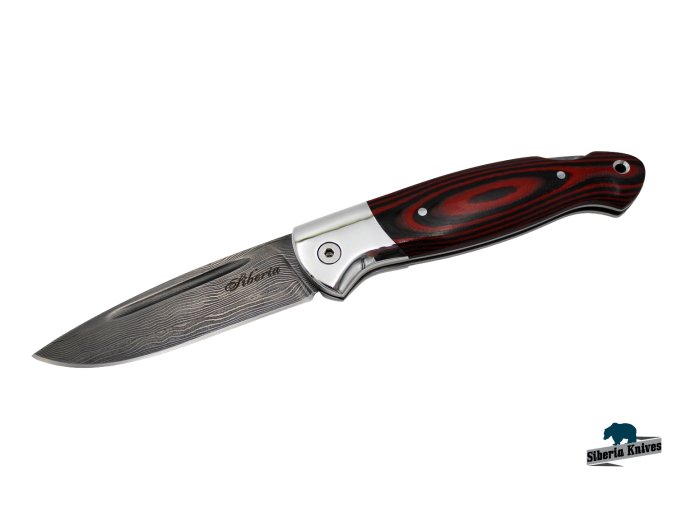 Zavírací ručně kovaný nůž z damašku Sumec - red