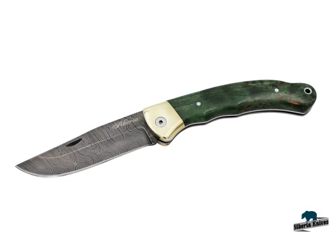 Zavírací ručně kovaný nůž z damašku Páv - green