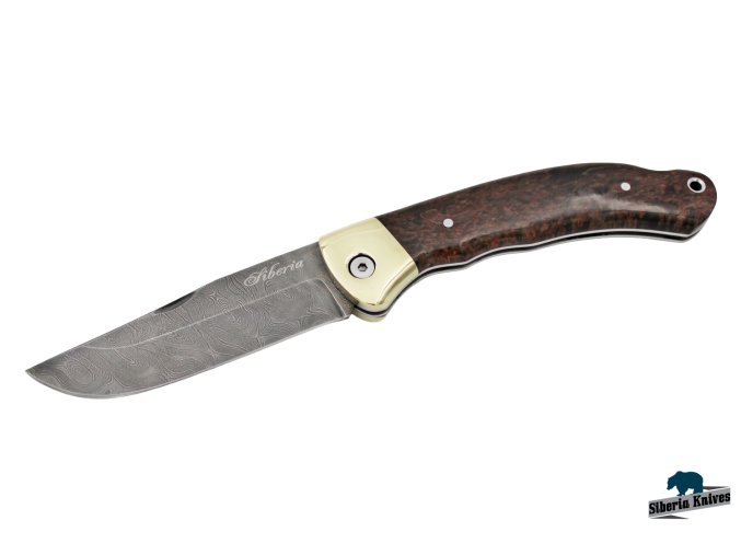 Zavírací ručně kovaný nůž z damašku Páv - hnědá karelka