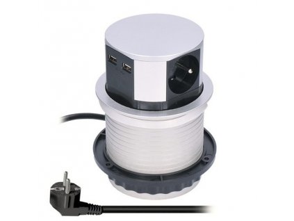 Kabel prodlužovací Solight výsuvný blok, 3x zásuvka, 2x, USB, 1,5m - stříbrný