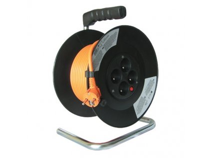 Kabel prodlužovací na bubnu Solight 4 zásuvky, 50m, 3x 1,5mm2 - černý/oranžový