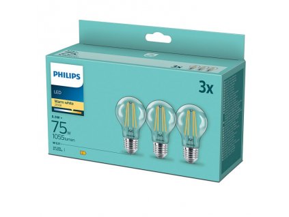 Žárovka LED Philips klasik, 8,5W, E27, teplá bílá, 3ks