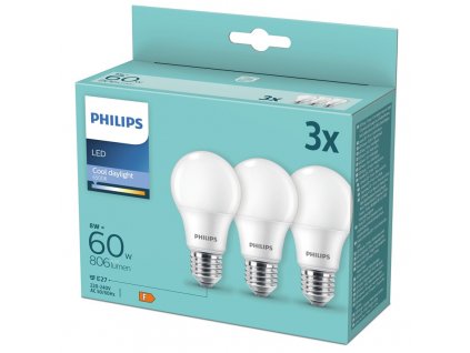 Žárovka LED Philips klasik, 8W, E27, chladná denní, 3ks