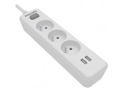 Kabel prodlužovací Philips 3x zásuvka + 2x USB-A, s vypínačem, 2 m - bílý