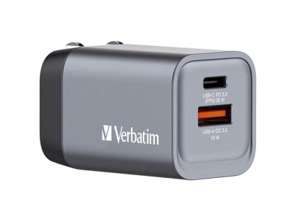 Nabíječka do sítě Verbatim GNC-35 GaN 35W, 1x USB-C PD 35W, 1x USB-A QC 3.0 - stříbrná