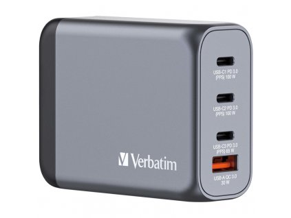 Nabíječka do sítě Verbatim GNC-100 GaN 100W, 3x USB-C PD 100/65W, 1x USB-A QC 3.0 - stříbrná