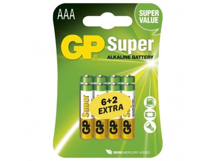 Baterie alkalická GP Super AAA, LR03, blistr 6+2ks