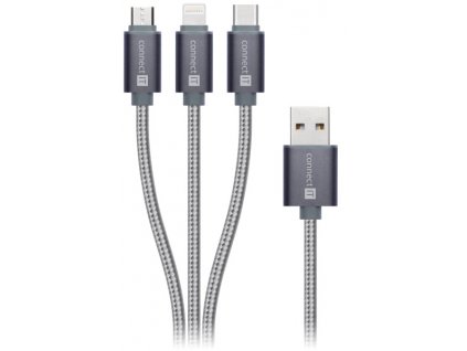 Kabel Connect IT Wirez 3in1 USB/USB-C + MicroUSB + Lightning, 1,2m - stříbrný