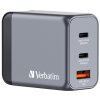 Cestovní adaptér Verbatim GNC-65 GaN 65W, 2x USB-C PD 65W, 1x USB-A QC 3.0 - stříbrný