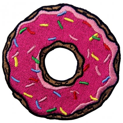 Nažehlovací nášivka Růžový donut. Průměr: 7,5 cm