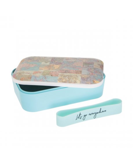 ZOE059 B Vintage Map Collage Bamboo Lunch Box Side