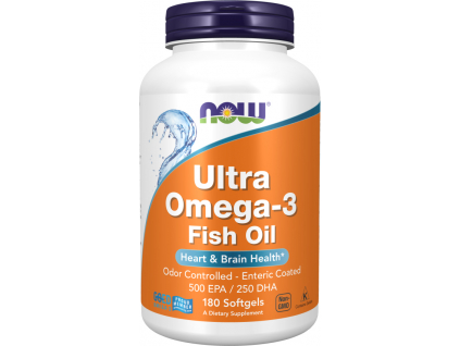 NOW FOODS Ultra Omega 3, Rybí olej, 500 EPA + 250 DHA, 180 softgel kapslí