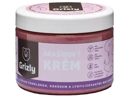 GRIZLY Arašídový krém s bílou čokoládou, kokosem a malinami, 500 g 1