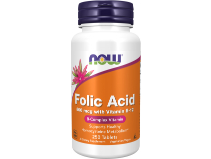 NOW FOODS Folic Acid, Kyselina listová s Vitaminem B 12, 800 μg + 25 μg, 250 tablet kopie