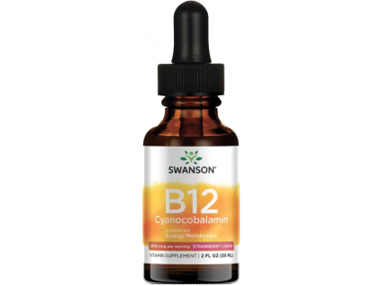 Swanson Tekutý Vitamín B12, Cyanocobalamin, Jahodová příchuť, 1000 μg, 59 ml
