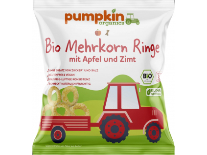 Pumpkin Organics BIO Foukané křupky 20 g Vícezrnné kroužky s jablkem a skořicí (8. měsíc)