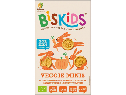 Biskids BIO Dětské celozrnné mini sušenky s mrkví a dýní, bez přidaného cukru, 36M+, 120 g