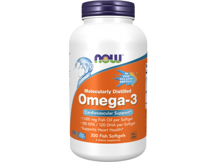 NOW FOODS Omega 3, Molekulárně destilovaná, 1000 mg, 200 rybích softgel kapslí