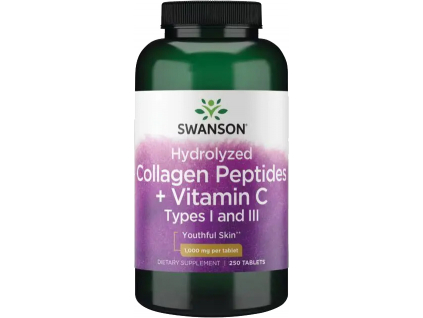 Swanson Hydrolyzed Collagen Peptides + Vitamin C, Kolagen typu I a III, 1000 mg, 250 tablet