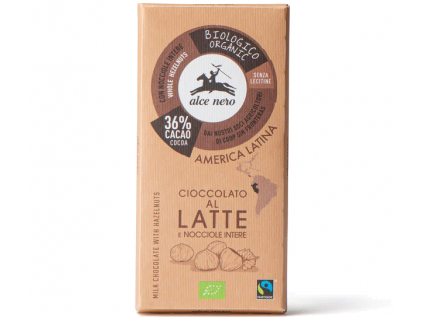 Alce nero BIO Mléčná čokoláda 36% s lískovými oříšky, Fairtrade, Bezlepková, 100 g