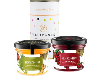 HoneyMix Pudełko upominkowe z miodem, Imbir i trawą cytrynową   Żurawina, 2x140 g   Darmowa tuba upominkowa