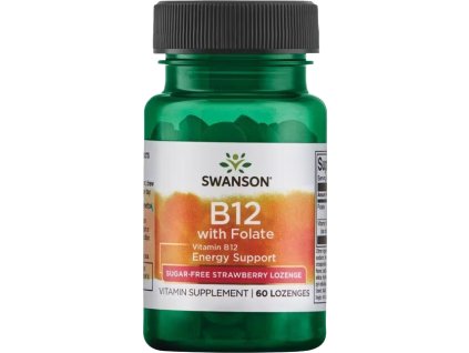 Swanson Witamina B12 z Folianem, 1000 µg, 60 pastylek o smaku truskawkowym