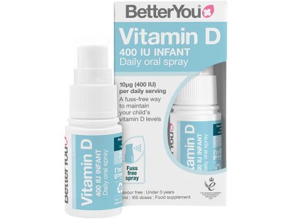 BetterYou Vitamin D 400 IU Infant Daily Spray, Spray doustny dla niemowląt do 3 lat, 15 ml (100 aplikacji)